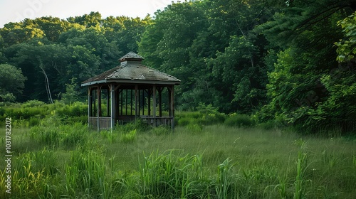 A weathered wooden gazebo stands alone in a field of tall grass, surrounded by a dense forest.