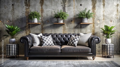 Vintage Black and White Sofa with Pillows Against Concrete Walls and Flowerpots for Elegant Interior Design