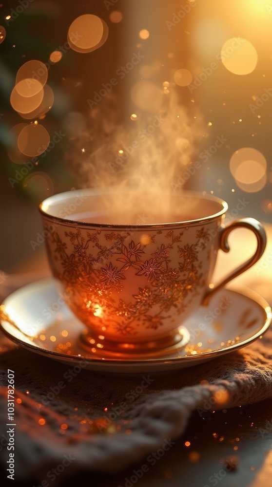 A steaming cup of tea on a saucer, with warm golden light and bokeh effects. A steaming cup of tea on a saucer, with warm golden light and bokeh effects.