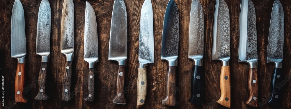Identical chef's knives arranged meticulously, ready for an engaging culinary experience, gleaming blades reflecting anticipation and precision Identical chef's knives arranged meticulously, ready for an engaging culinary experience, gleaming blades reflecting anticipation and precision