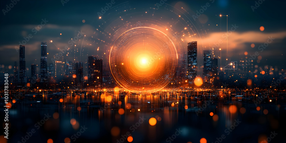 Futuristic Cityscape with Glowing Circle.