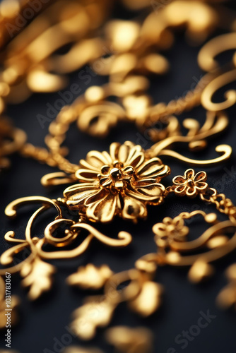 A close up shot of a gold chain necklace with a floral pendant  showcasing intricate details and textures.  The image is perfect for designs related to jewelry fashion, luxury and beauty photo