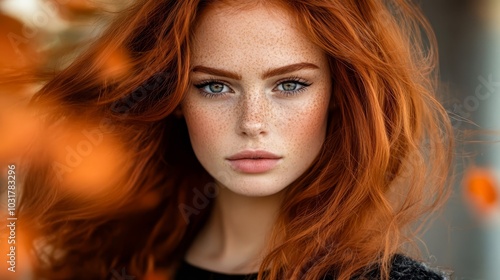  A tight shot of a woman with freckles scattered across her face and hair gazes into the camera