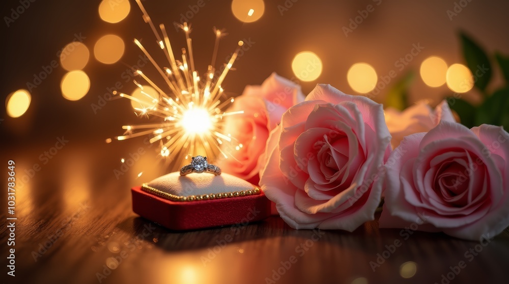 Sparkling engagement ring with roses and bokeh lights for a romantic proposal. Sparkling engagement ring with roses and bokeh lights for a romantic proposal.