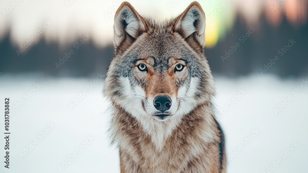 Fototapeta premium A close-up view of a wolf's face, showcasing its intense gaze and thick fur against a snowy background.