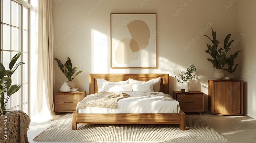 Fototapeta premium Elegant and Cozy Modern Bedroom Interior Design with Stylish Decor, mockup, poster and Background