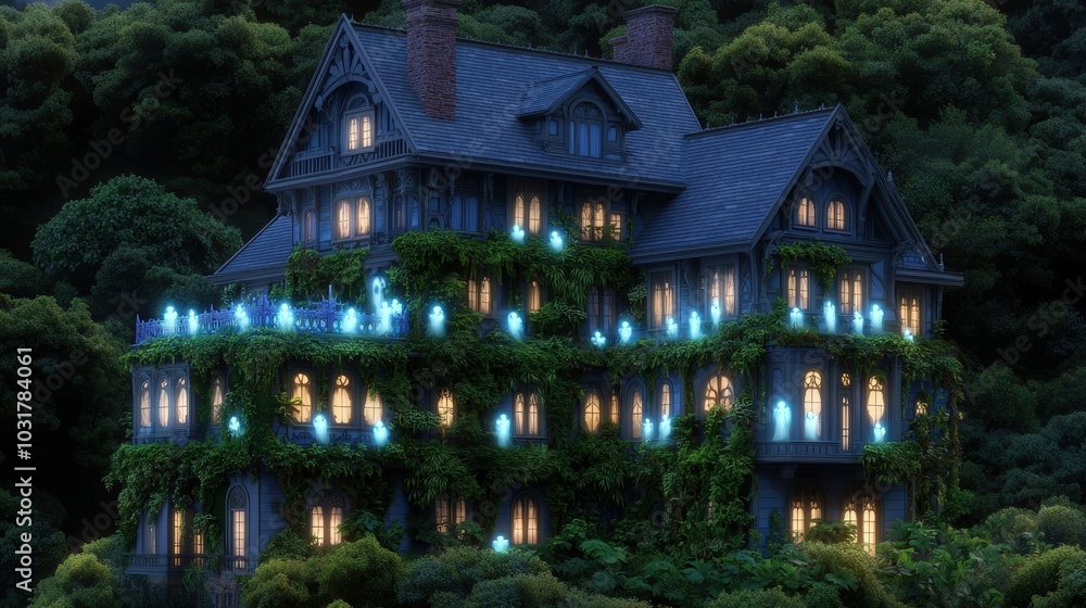 Haunted Victorian Mansion with Glowing Windows and Ghosts Haunted Victorian Mansion with Glowing Windows and Ghosts