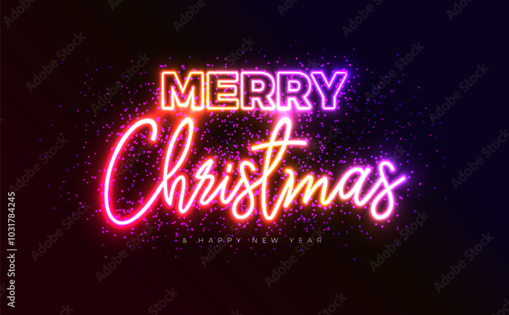 Merry Christmas and Happy New Year Illustration with Glowing Neon Light Typography Lettering on Black Background. Vector Holiday Season Banner Design for Greeting Card, Party Flyer, Celebration Poster Merry Christmas and Happy New Year Illustration with Glowing Neon Light Typography Lettering on Black Background. Vector Holiday Season Banner Design for Greeting Card, Party Flyer, Celebration Poster