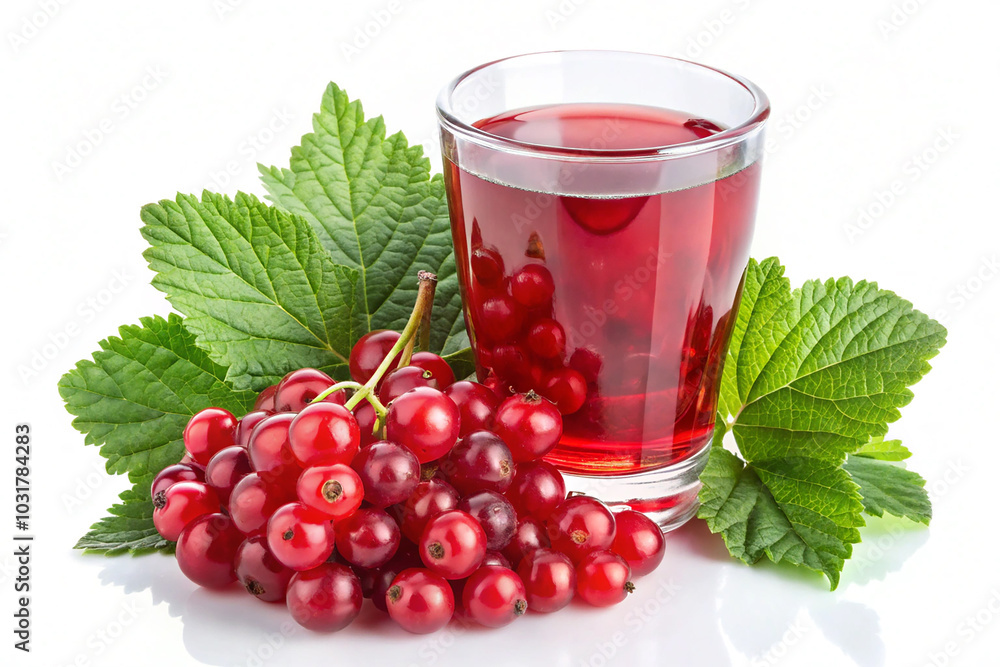 A glass of red currant berry juice with some currant berries including some green leaves isolated on a white background A glass of red currant berry juice with some currant berries including some green leaves isolated on a white background