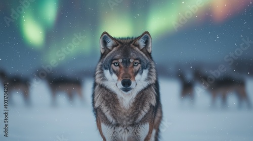 A majestic wolf stands in a snowy landscape, illuminated by the glow of the northern lights in the background.