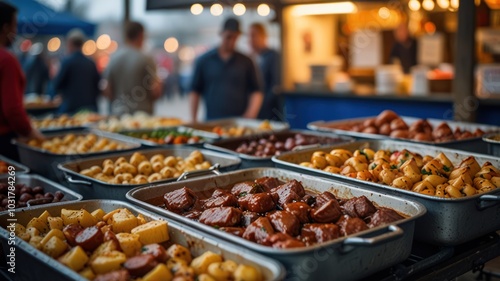 A close-up of a food stall at a market, displaying various dishes in metal trays.