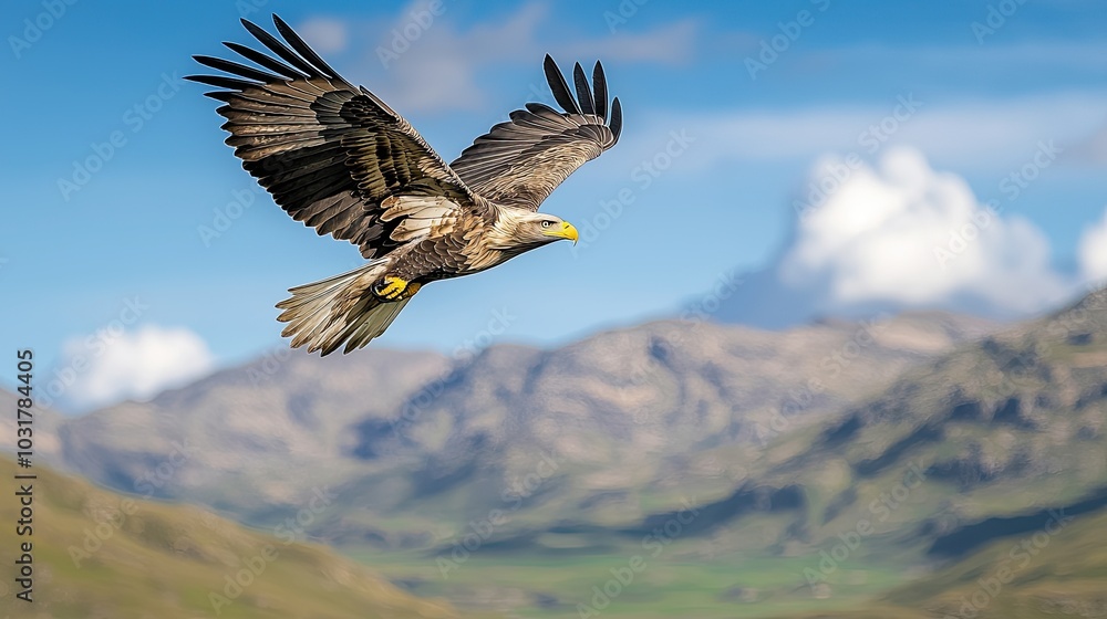A majestic bird of prey soars gracefully over a stunning mountainous landscape, showcasing its powerful wings and sharp features. A majestic bird of prey soars gracefully over a stunning mountainous landscape, showcasing its powerful wings and sharp features.