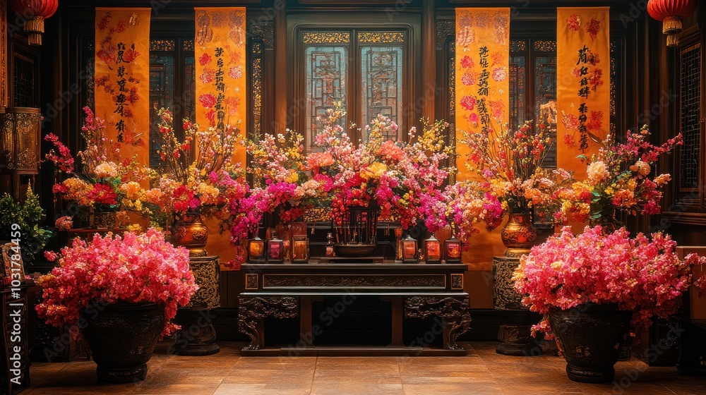 A vibrant floral display in a traditional setting for celebration. A vibrant floral display in a traditional setting for celebration.