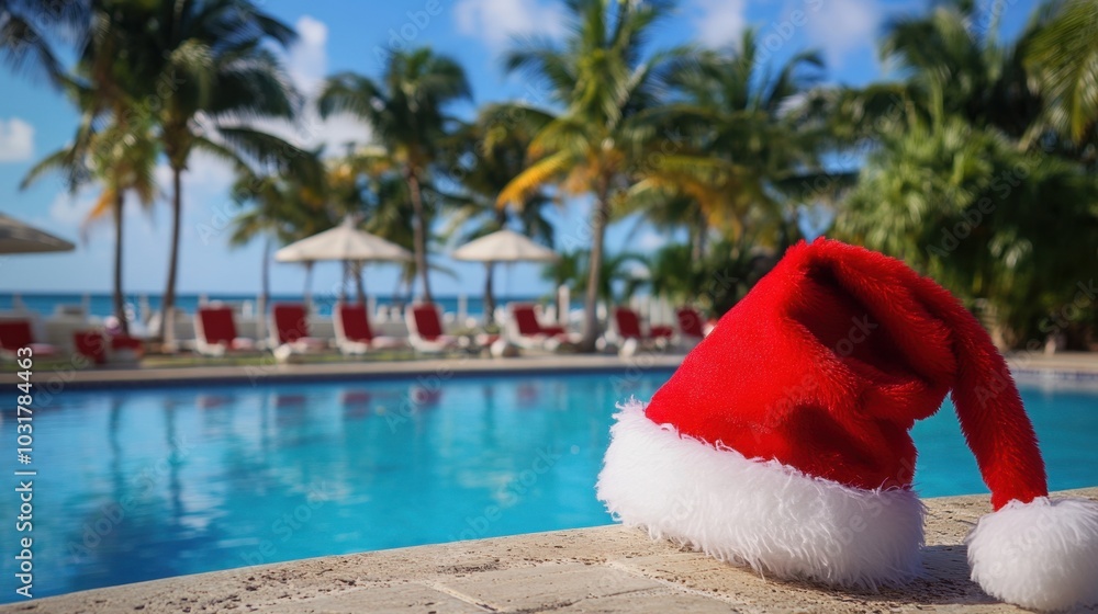 Santa hat at the hotel pool, holiday promotion for travel agency services Santa hat at the hotel pool, holiday promotion for travel agency services
