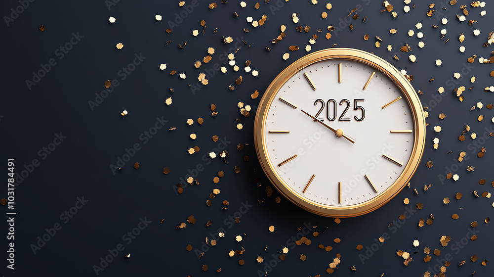 A stylish clock showing the year 2025 surrounded by scattered golden and silver confetti on a dark background, symbolizing celebration and the arrival of a new year.