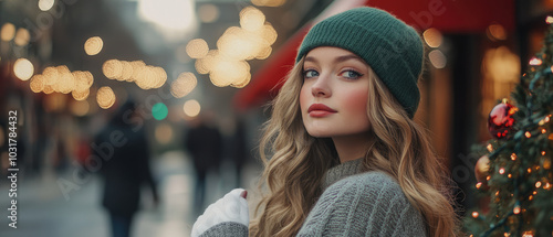 Glamorous young woman wearing green beanie and sweater with long wavy blonde hair standing with soft blurred road in warm and festive Christmas atmosphere