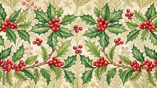 Vintage Christmas Greeting Card Design with Holly Berries and Seamless Pattern