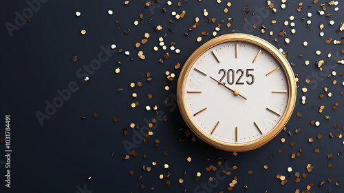 Obraz na płótnie A stylish clock showing the year 2025 surrounded by scattered golden and silver confetti on a dark background, symbolizing celebration and the arrival of a new year. w salonie