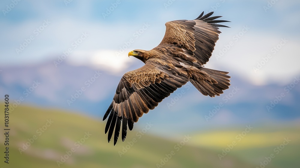 Fototapeta premium A majestic eagle soars gracefully against a backdrop of mountains and blue sky, showcasing its powerful wings and keen presence in nature.
