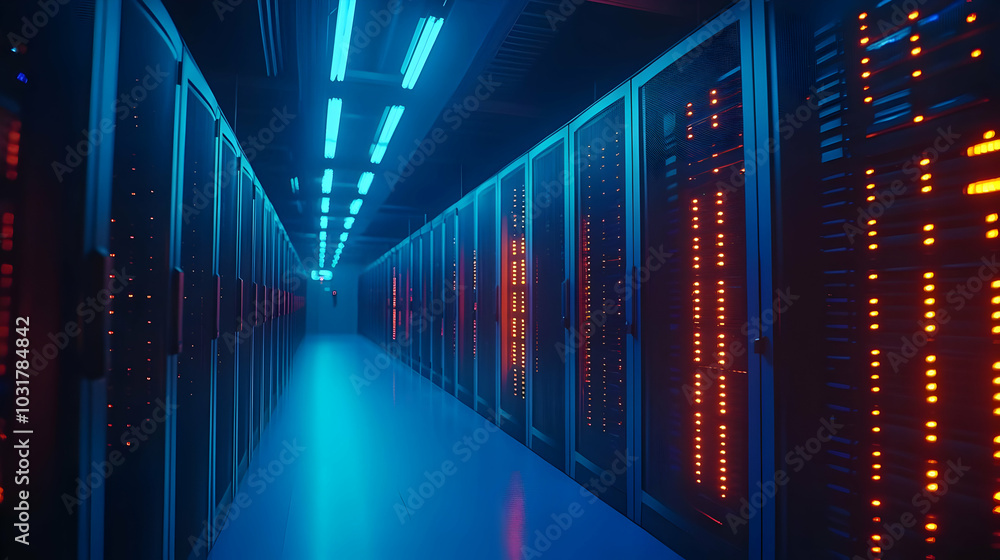 Server Room with Blue and Red Lights. Server Room with Blue and Red Lights.