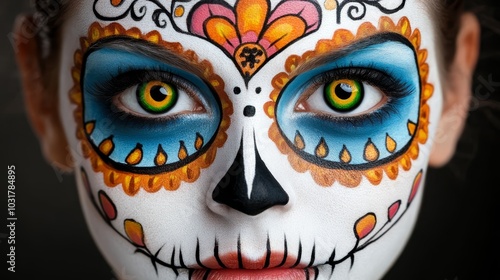  A close-up of a woman's face adorned with white, orange, and blue paint, topped with floral embellishments