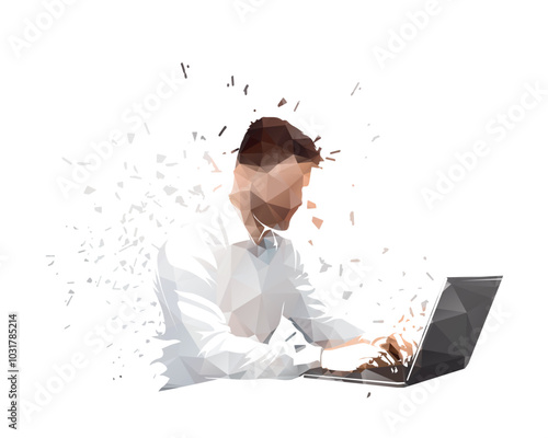 Businessman sitting at table and working on laptop, isolated low poly vector illustration. Business man