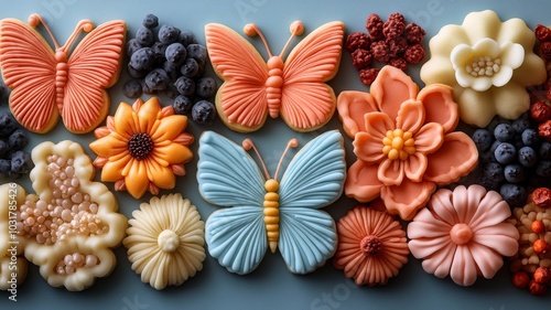 A collection of beautifully decorated cookies in shapes made by cookie cutters--such as butterflies, flowers, and animals