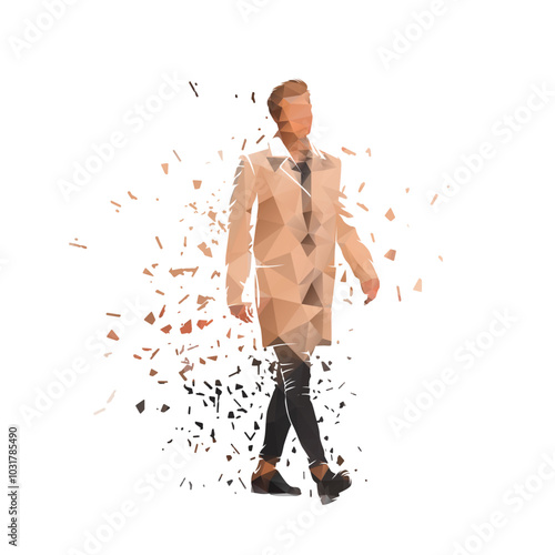 Man in coat walking, side view, abstract low poly isolated vector illustration, businessman geometric drawing
