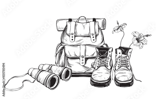 Turist composition of Backpack and binocular, Hiking boots and hibiscus Flowers vector illustration in linear drawing style. Hand drawn sketch of travel bag for adventure or camping on isolated.