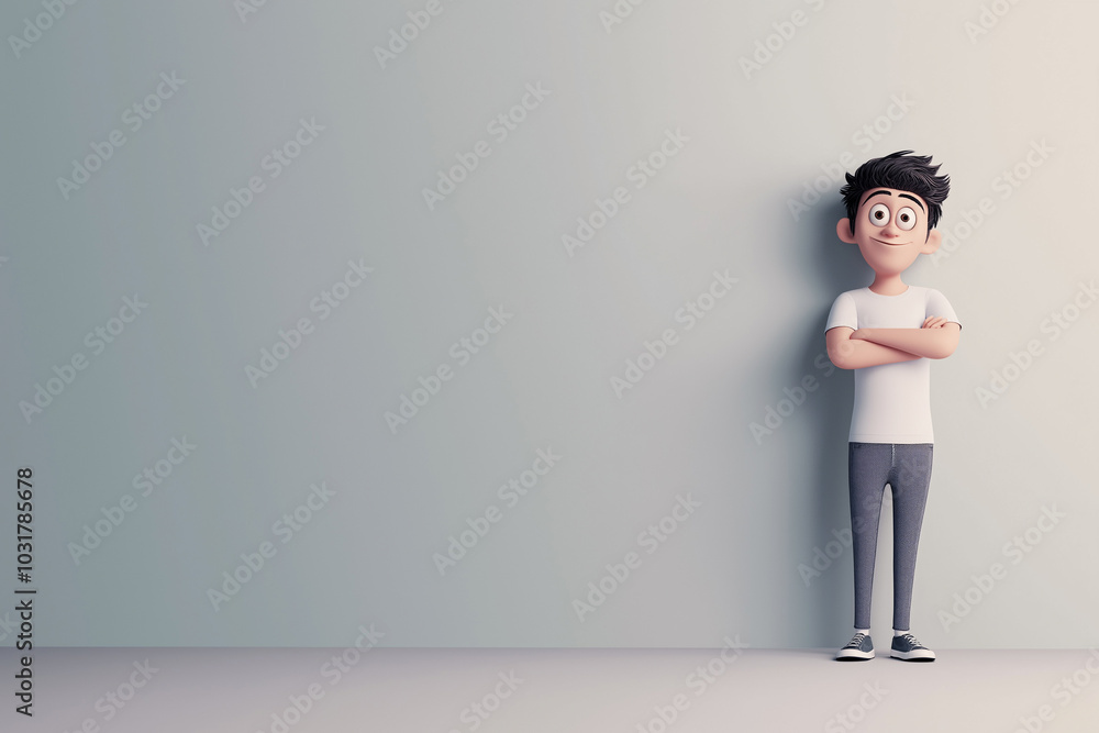 Animated character leaning against a wall with smile Animated character leaning against a wall with smile