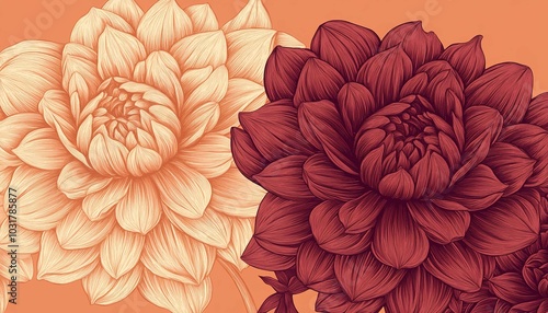 CloseUp of Two Crimson and Peach Dahlias