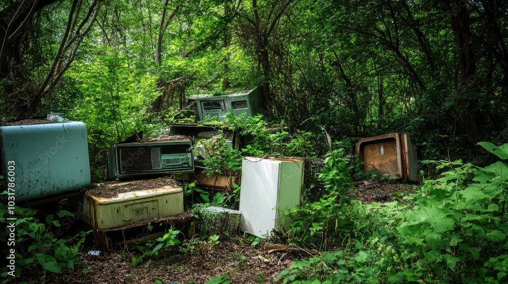 An overgrown area with discarded appliances and furniture surrounded by lush greenery, highlighting nature's reclamation of urban waste. An overgrown area with discarded appliances and furniture surrounded by lush greenery, highlighting nature's reclamation of urban waste.