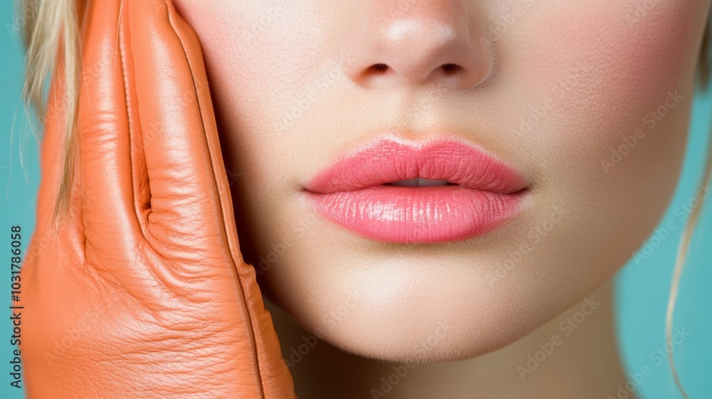 Fototapeta premium A woman's face, closely framed, dons orange gloves on her left hand against a backdrop of a tranquil blue background