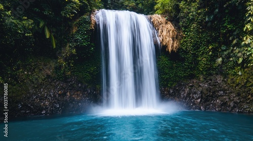 A serene waterfall cascades into a clear blue pond, surrounded by lush greenery, creating a tranquil natural oasis.