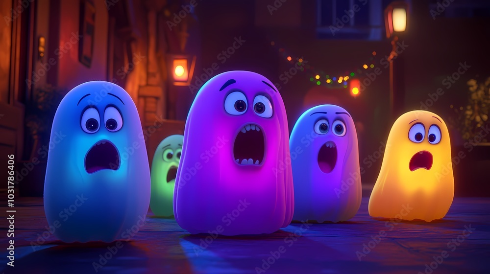 Colorful animated ghosts with surprised expressions in a spooky setting. Colorful animated ghosts with surprised expressions in a spooky setting.