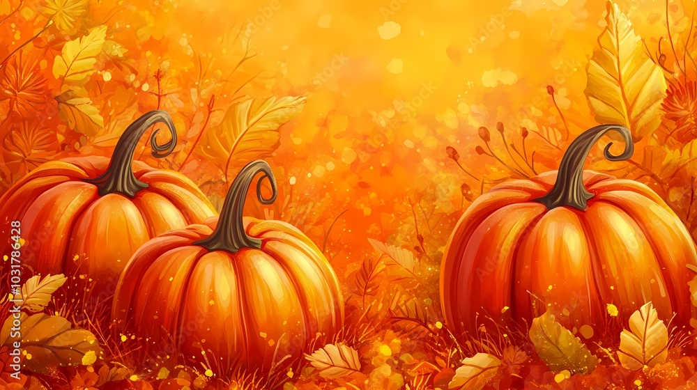 Three vibrant pumpkins surrounded by autumn leaves and a warm golden background. Three vibrant pumpkins surrounded by autumn leaves and a warm golden background.