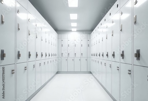 Bright Modern Locker Room with White Cabinets in Gym photo