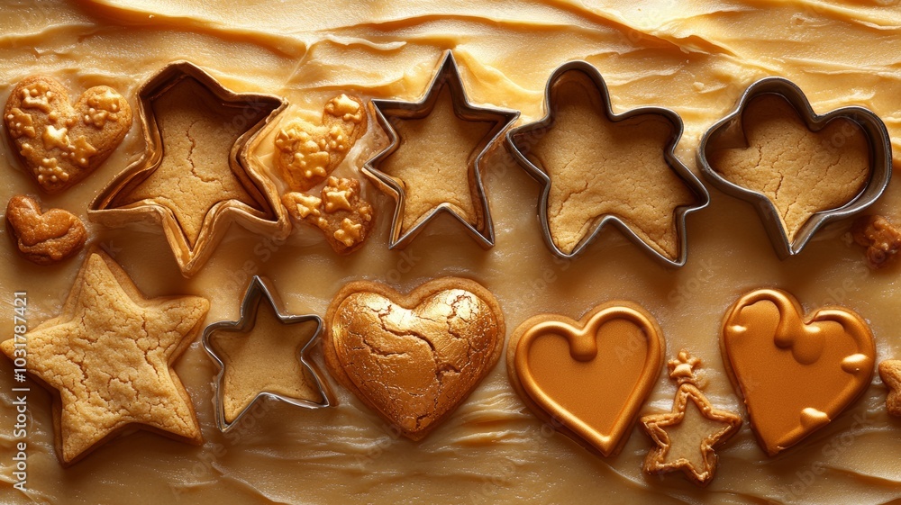 A close-up of a cookie cutter being pressed into dough, with the hand of a baker applying gentle pressure A close-up of a cookie cutter being pressed into dough, with the hand of a baker applying gentle pressure