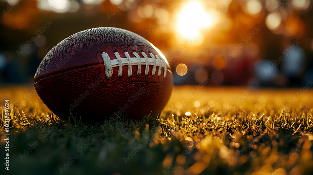 American Football on Grass Field at Sunset. American Football on Grass Field at Sunset.