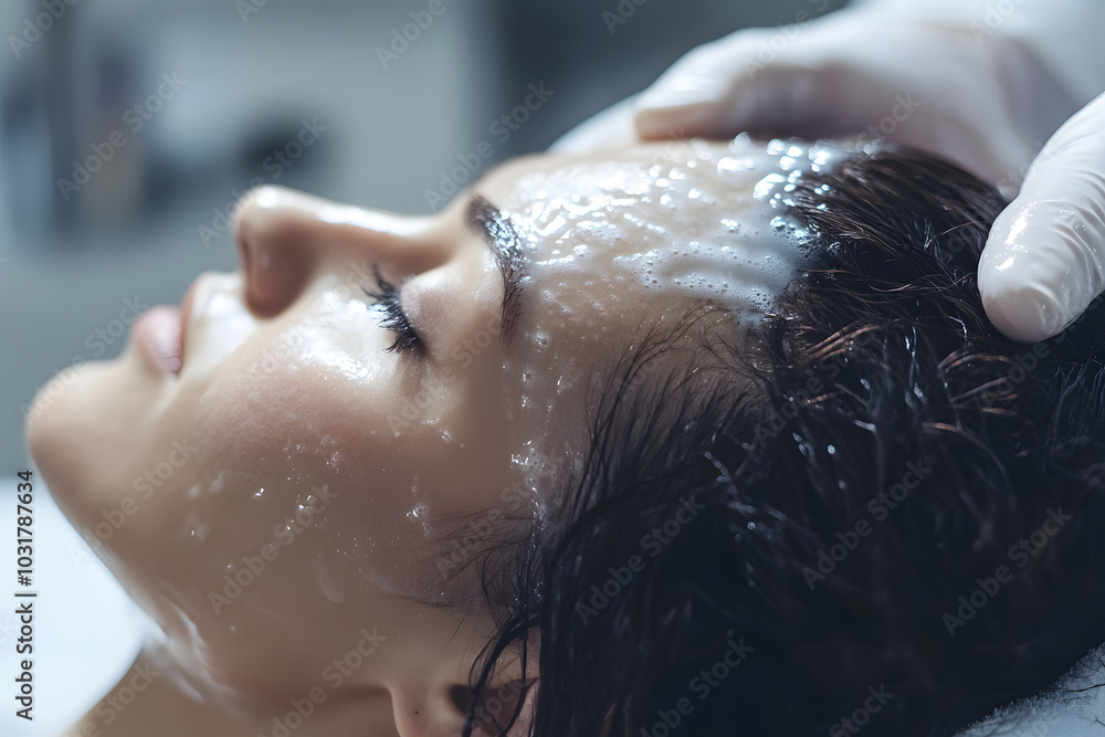 Naklejka premium Relaxing scalp treatment with soothing foam massage, promoting skin care, relaxation, and wellness. Ideal for beauty enthusiasts seeking hair care, spa, and therapeutic treatments.