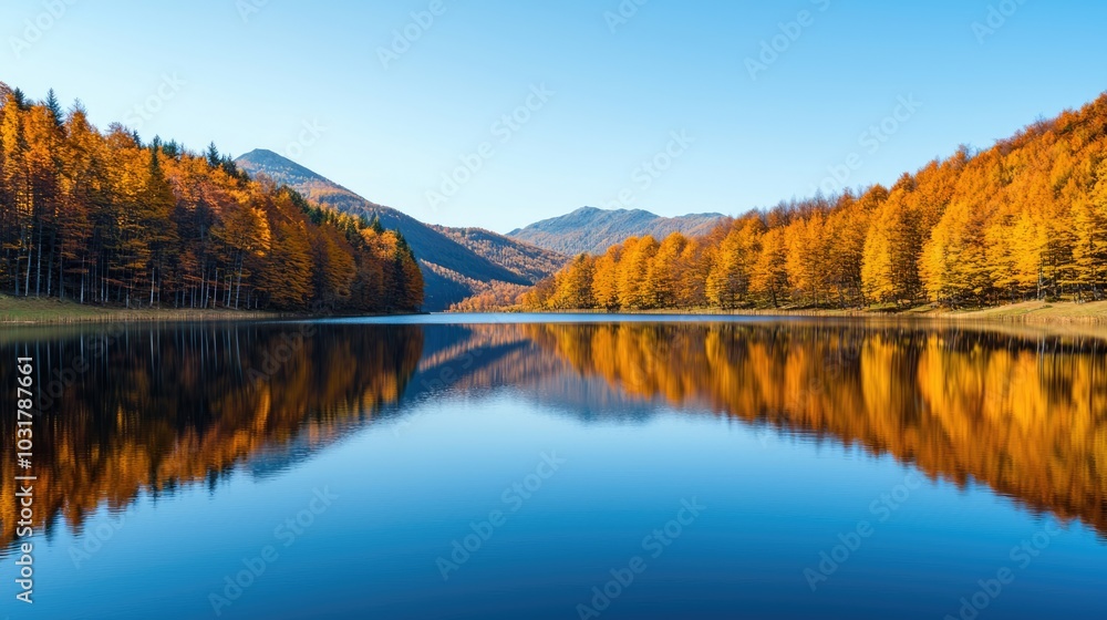 A serene lake surrounded by vibrant autumn trees reflecting on the water, with clear blue skies and distant mountains. A serene lake surrounded by vibrant autumn trees reflecting on the water, with clear blue skies and distant mountains.
