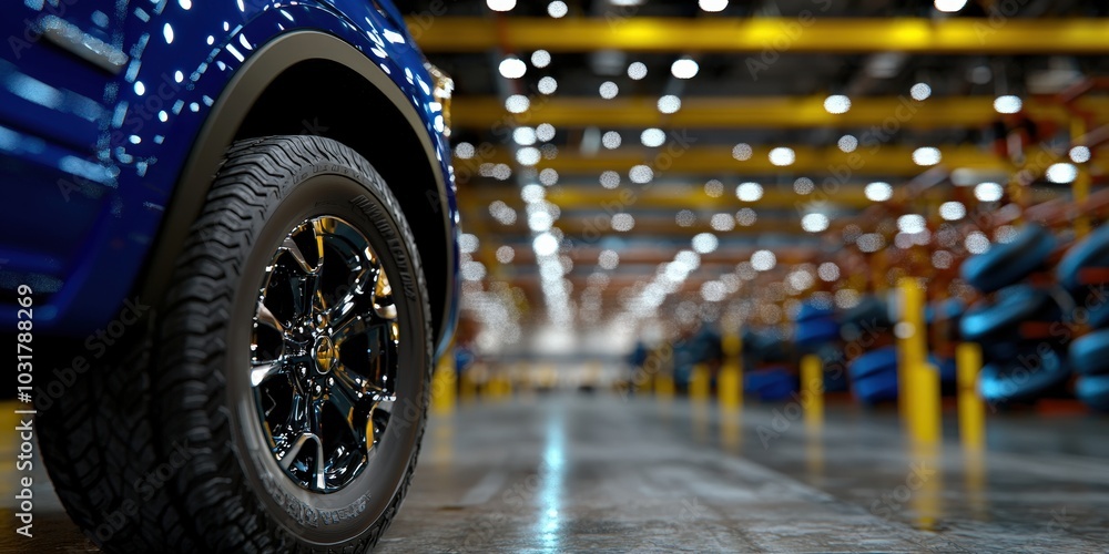 New Car Tire Wheel Closeup in Factory Warehouse New Car Tire Wheel Closeup in Factory Warehouse