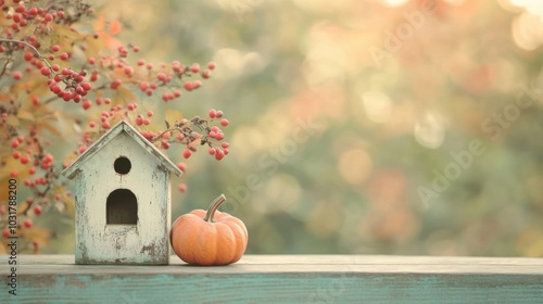 A rustic birdhouse and a small pumpkin are beautifully arranged on a wooden table, capturing the essence of autumn with colorful leaves photo