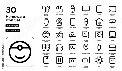 Homeware Line Icon Set: Smart Appliances, Household Gadgets, and Connected Devices Icons