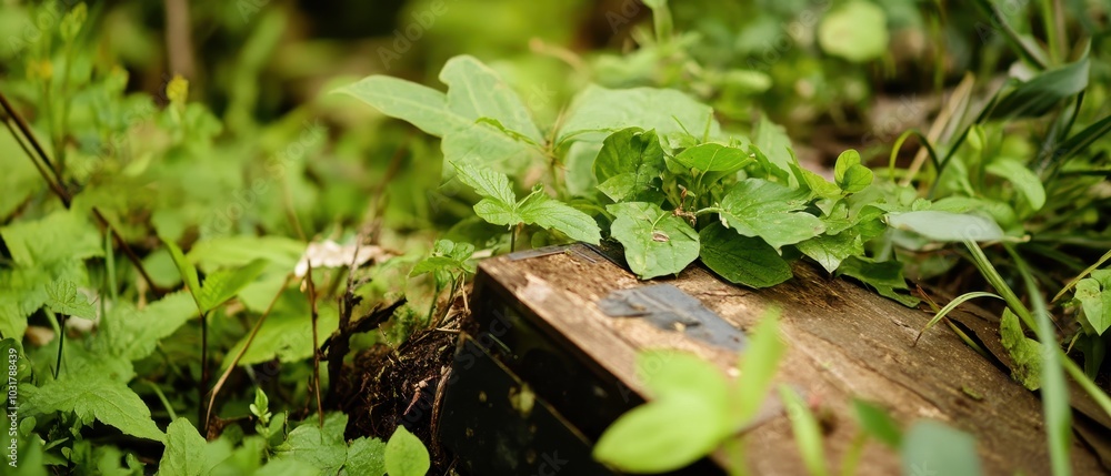Lush green foliage covers a wooden plank, highlighting nature's beauty and the interplay between wood and plant life. Lush green foliage covers a wooden plank, highlighting nature's beauty and the interplay between wood and plant life.