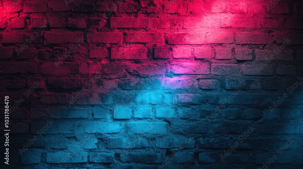 A textured brick wall is brought to life with vibrant colored lighting effects, casting dynamic shadows in an urban environment A textured brick wall is brought to life with vibrant colored lighting effects, casting dynamic shadows in an urban environment