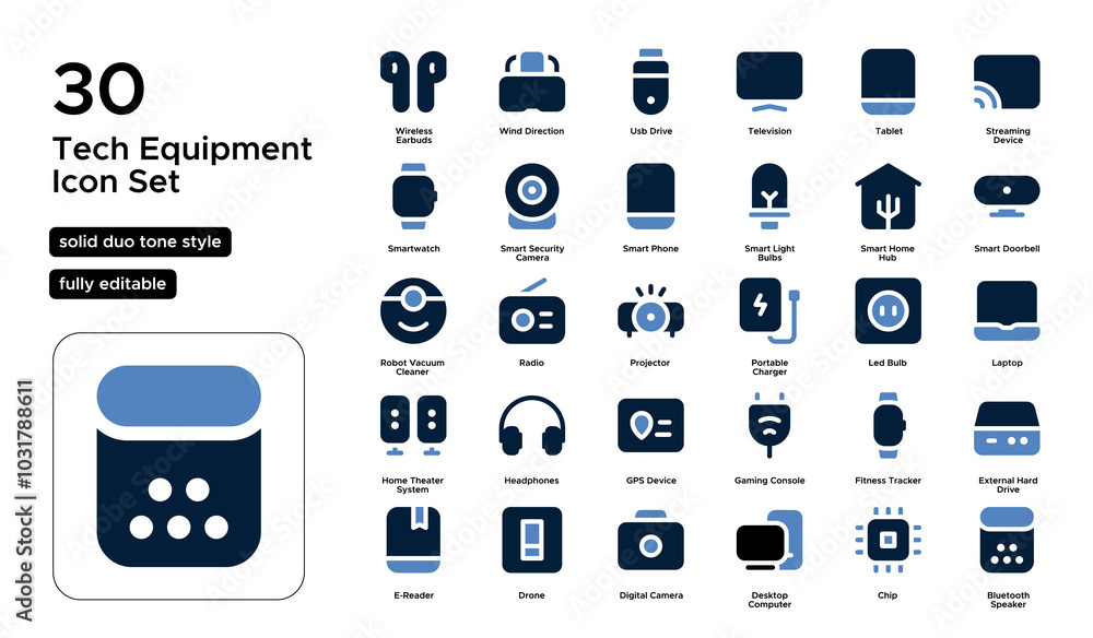 Tech Equipment Solid Duo Tone Icon Set: High-Tech Gear, Tools, and Innovative Devices Icons Tech Equipment Solid Duo Tone Icon Set: High-Tech Gear, Tools, and Innovative Devices Icons