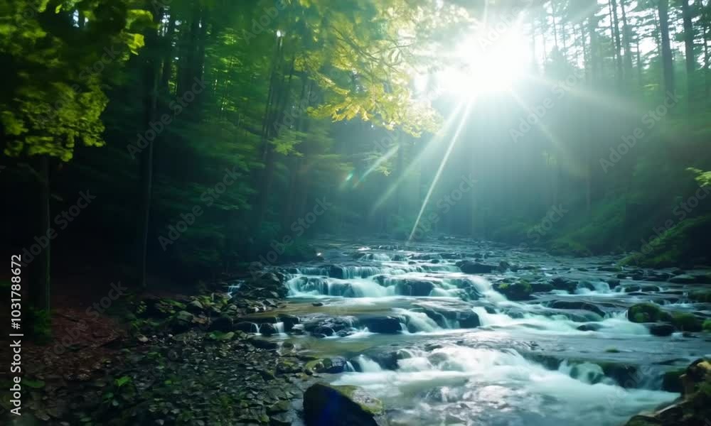A path through a lush green forest leads to a cascading stream. The sunlight filters through the canopy of trees, creating a magical atmosphere. A path through a lush green forest leads to a cascading stream. The sunlight filters through the canopy of trees, creating a magical atmosphere.