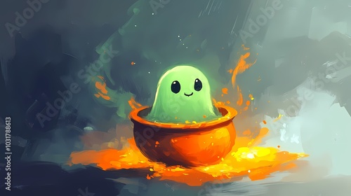 Cute green slime character in a pot, radiating joy with a cheerful expression. photo