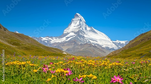 A stunning view of the Matterhorn mountain, framed by vibrant wildflowers and a clear blue sky.